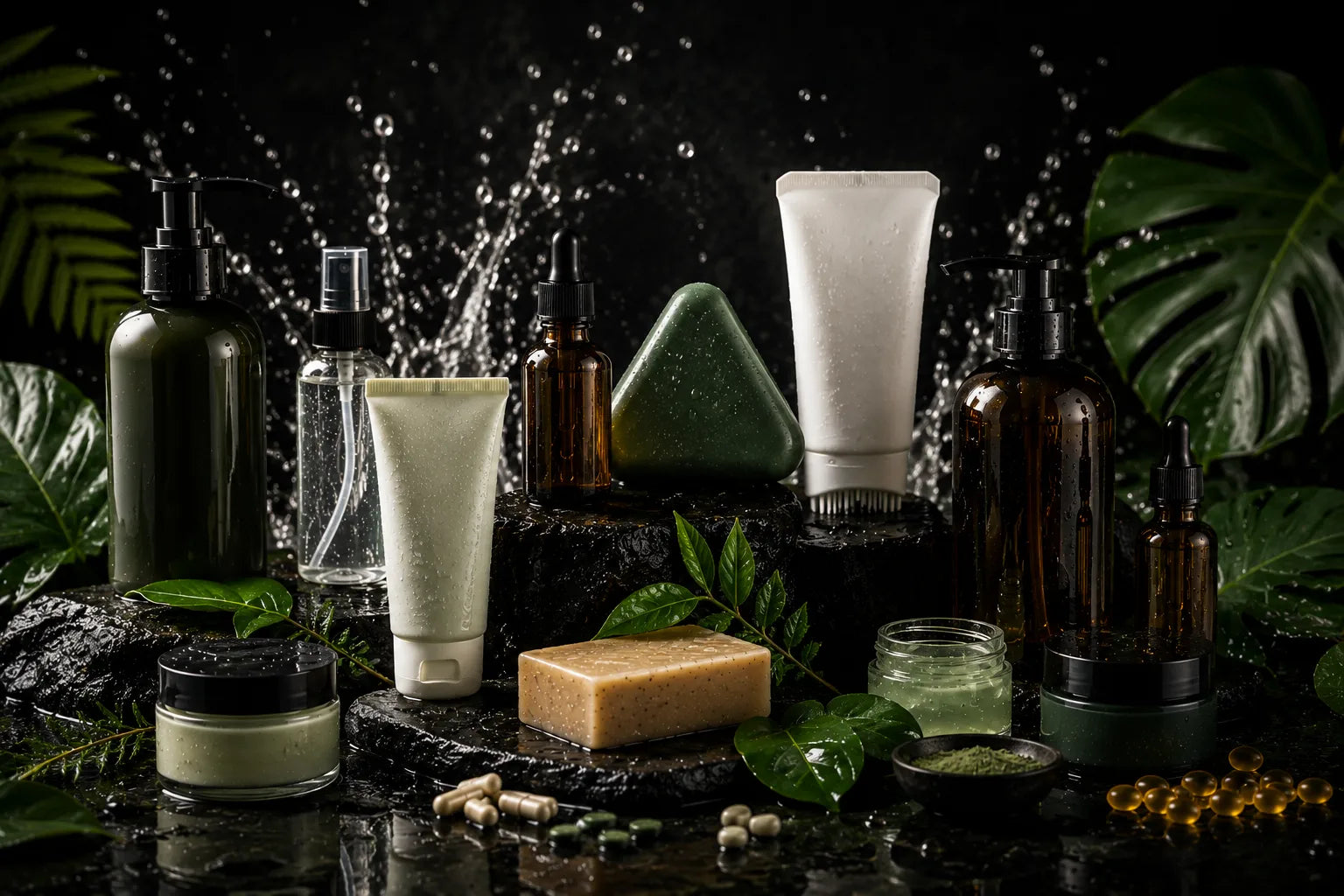 A styled product lineup of various skincare and bath products including tubes, dropper bottles, jars, and a bar of soap, arranged on dark wet stone with tropical leaves and water splashes against a black background.