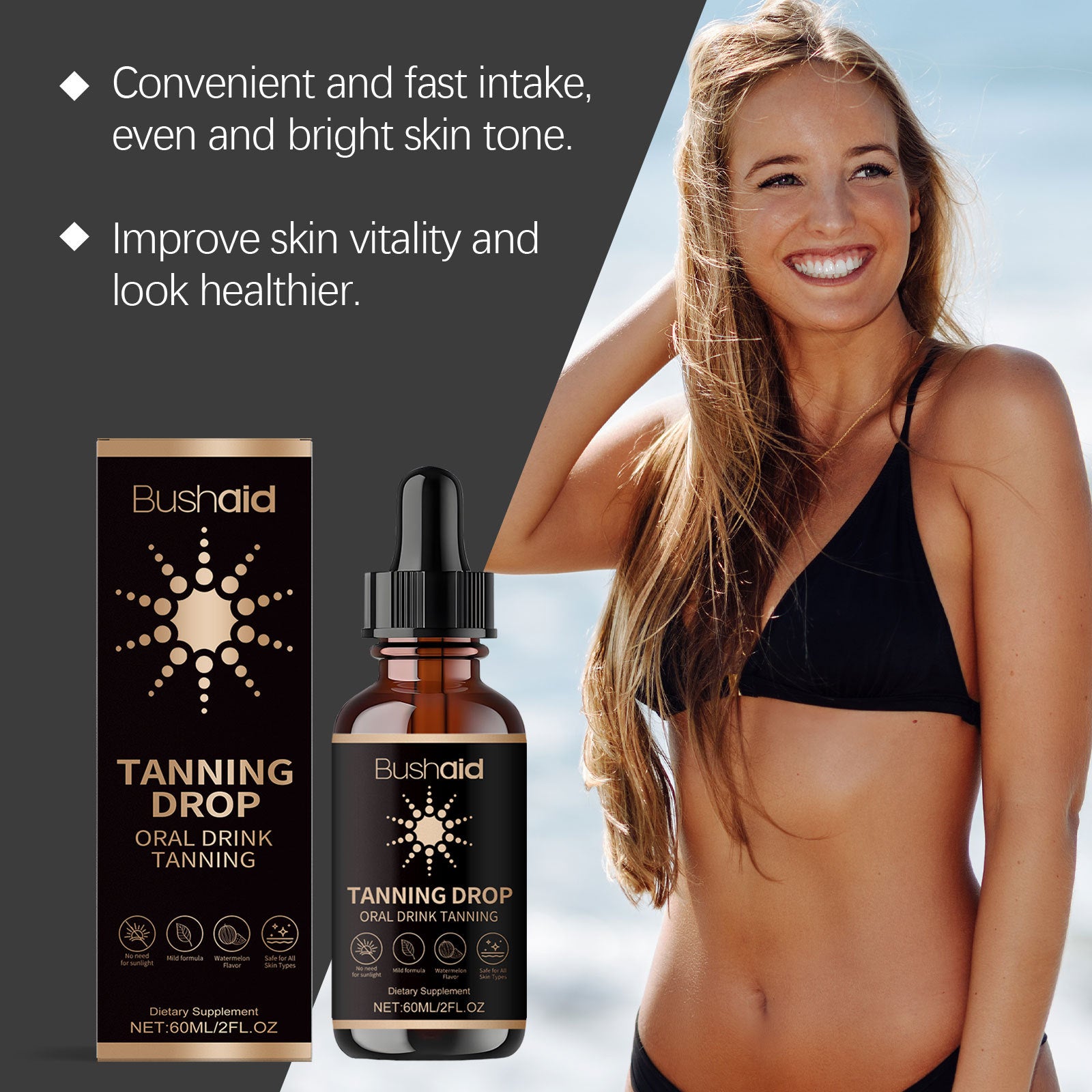 Bushaid Tanning Drop – Oral Drink Tanning Dietary Supplement | 60ml