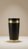 Black and gold insulated travel mug