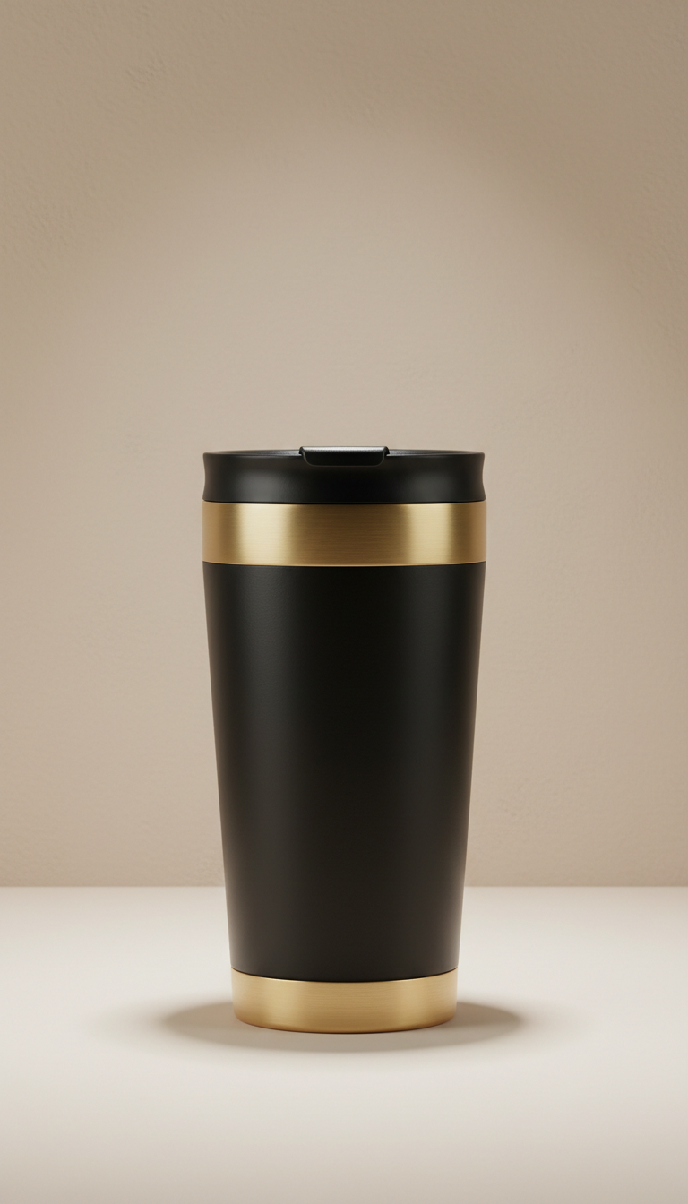 Black and gold insulated travel mug