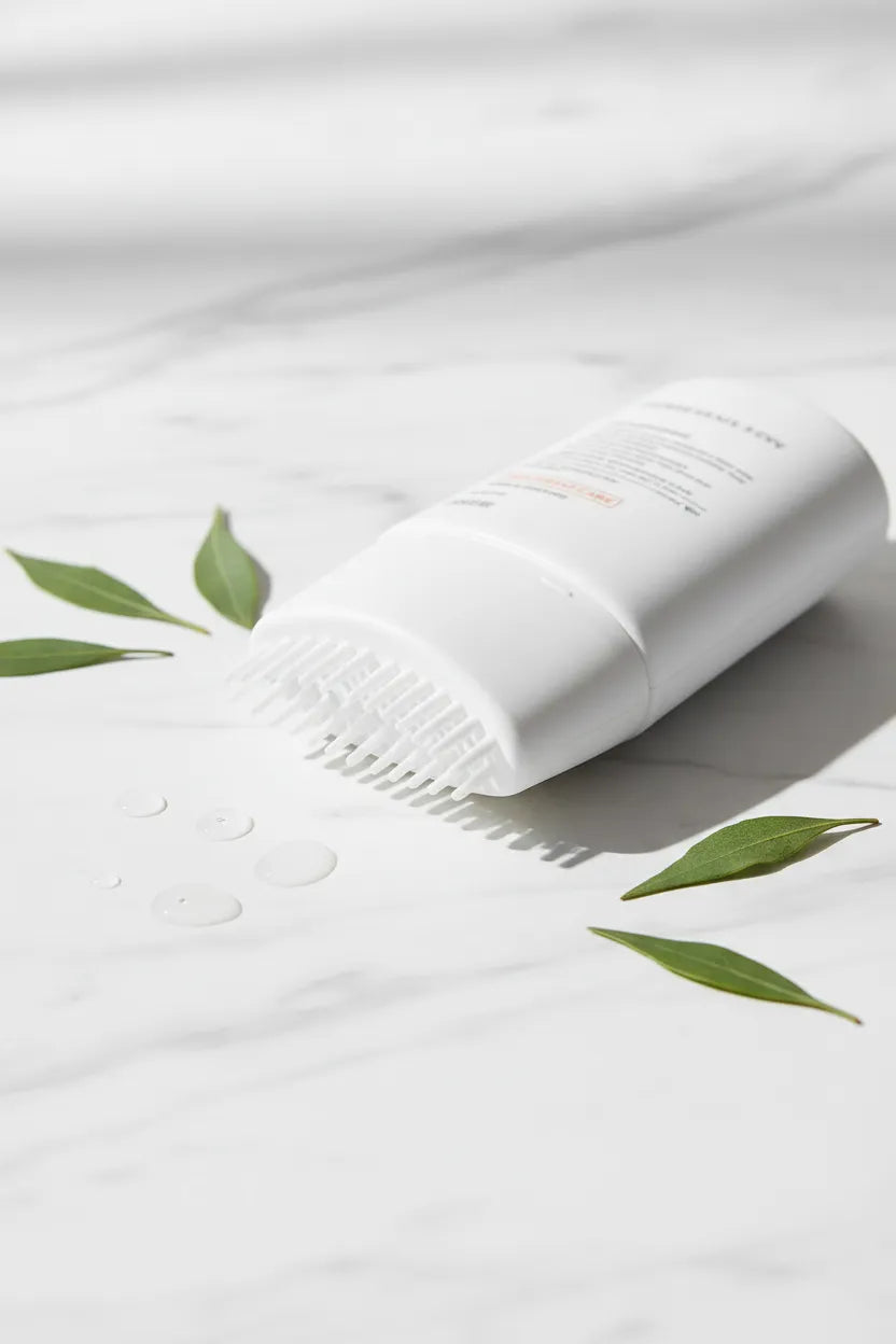 A white cylindrical skincare bottle lies on its side on a light marble surface, with a few green leaves and water droplets around it. The bottle has a fine bristle applicator tip extended from the open end, and the label text is too small to read clearly.