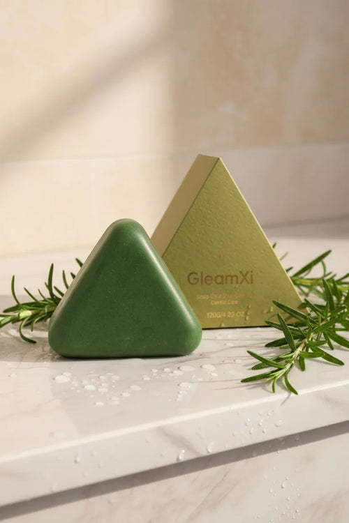 Two pyramid-shaped GleamXi skincare products on a marble surface with rosemary sprigs. One is a matte dark green bar, and the other is a metallic gold box.