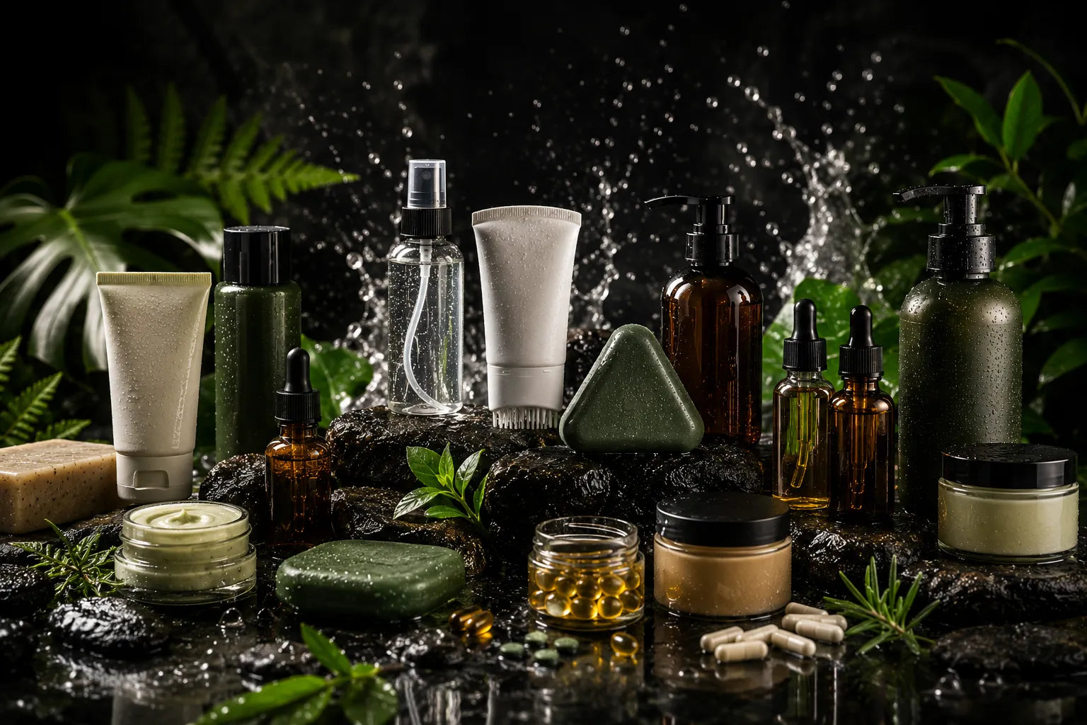 A styled collection of natural skincare and bath products arranged on wet dark rocks with water droplets splashing around them, surrounded by green leaves. The products include various bottles, jars, tubes, and bars in earthy tones of green, brown, beige, and white.