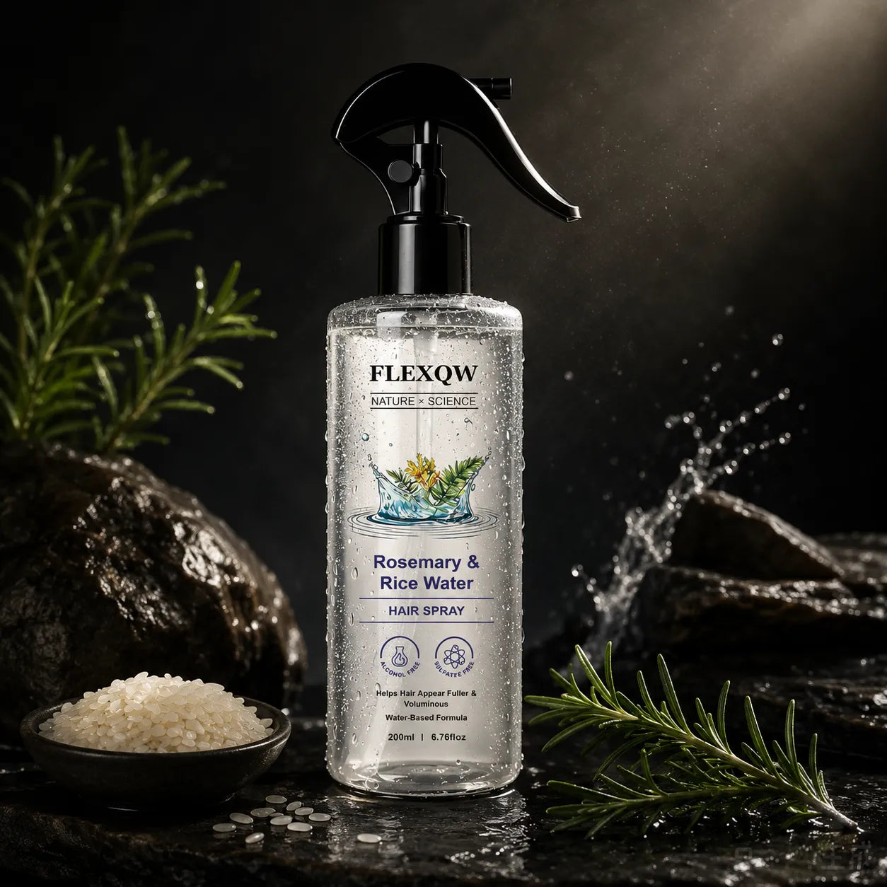 A bottle of FLEXOW Nature's Science Rosemary & Rice Water Hair Spray stands on a dark wet surface with sprigs of rosemary, a small bowl of rice grains, and dramatic water splashes in the background.